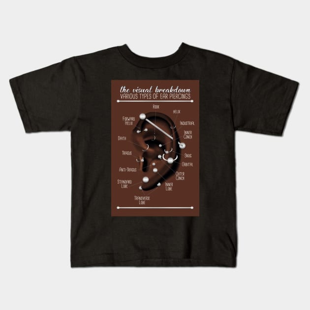 Ear Piercing Chart, Dark Skin Kids T-Shirt by Jarrodjvandenberg
